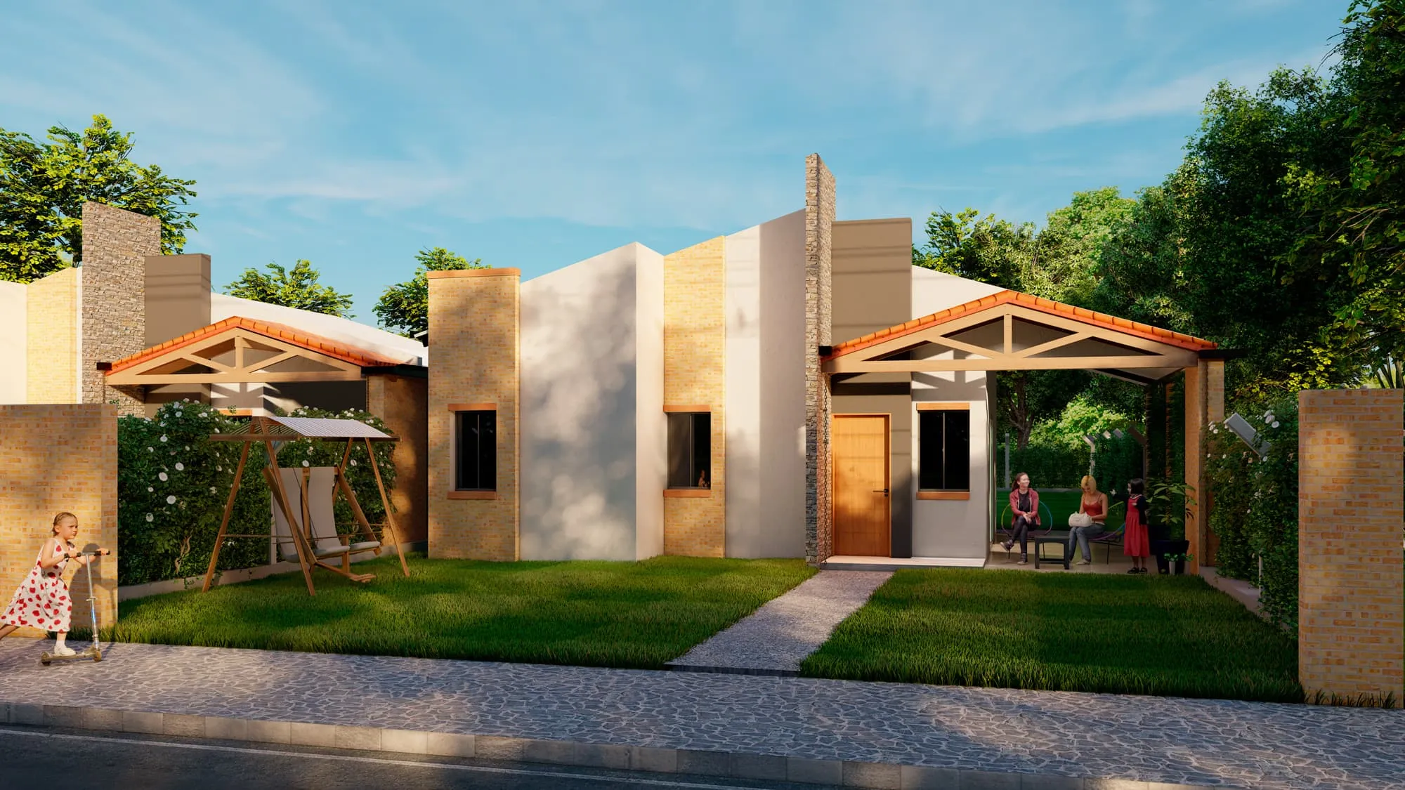 frente de la casa más familiar con amigas y hija sentadas delante de la casa