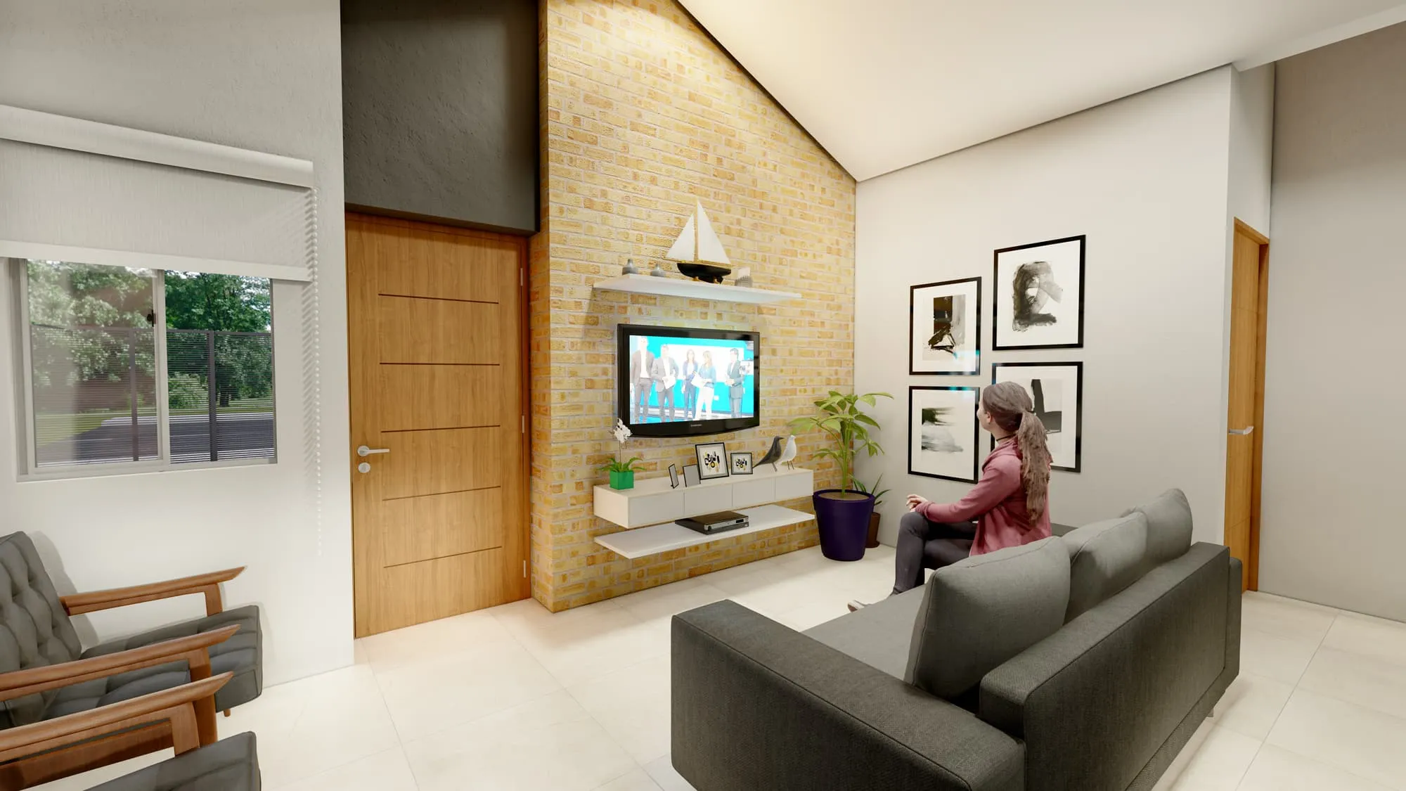 mujer sentada en el living con sofá y televisión de casa más