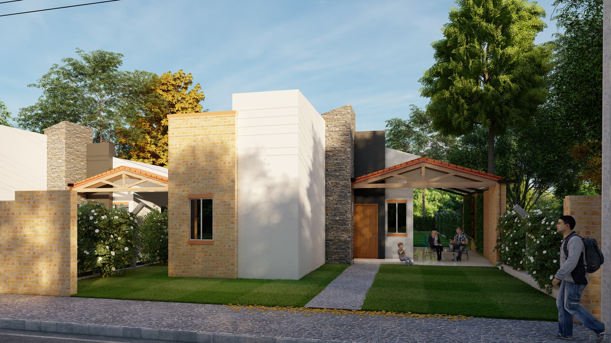 frente de la casa con familia sentada en la entrada