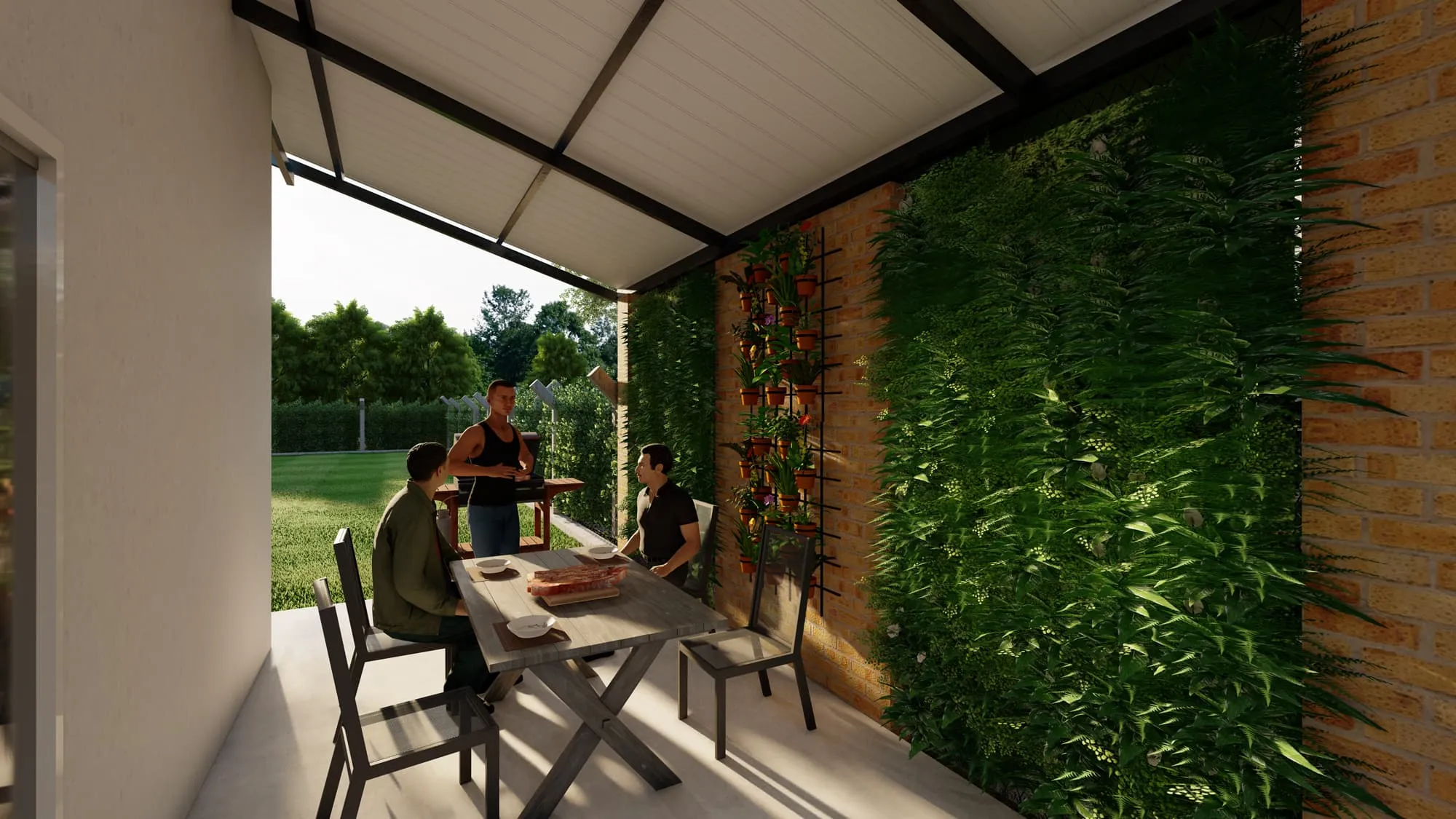 vista al garage y jardín