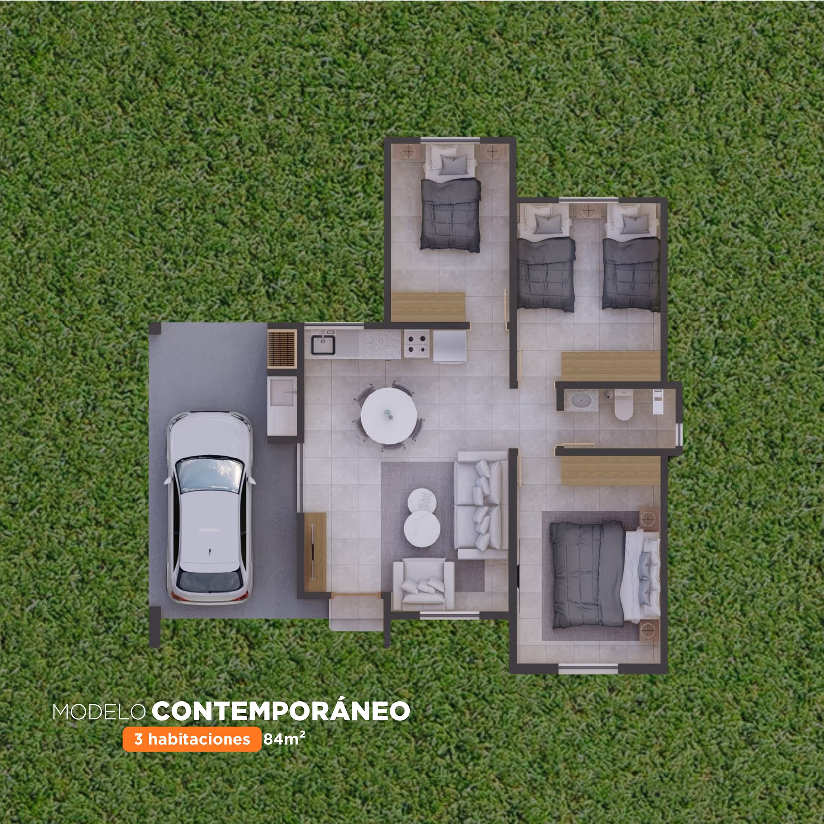 Plano cenital de la CasaMas modelo Contemporáneo de 3 dormitorios